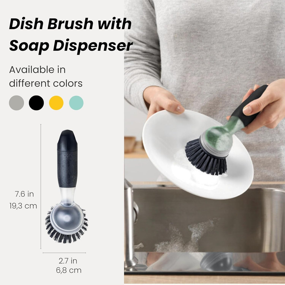 Vigar Rengo Soap Dispensing Dish Brush, Dish Brush with Soap Dispenser for Pot Scrubber, Dishes, Sink Cleaner, and Kitchen Essentials, Black