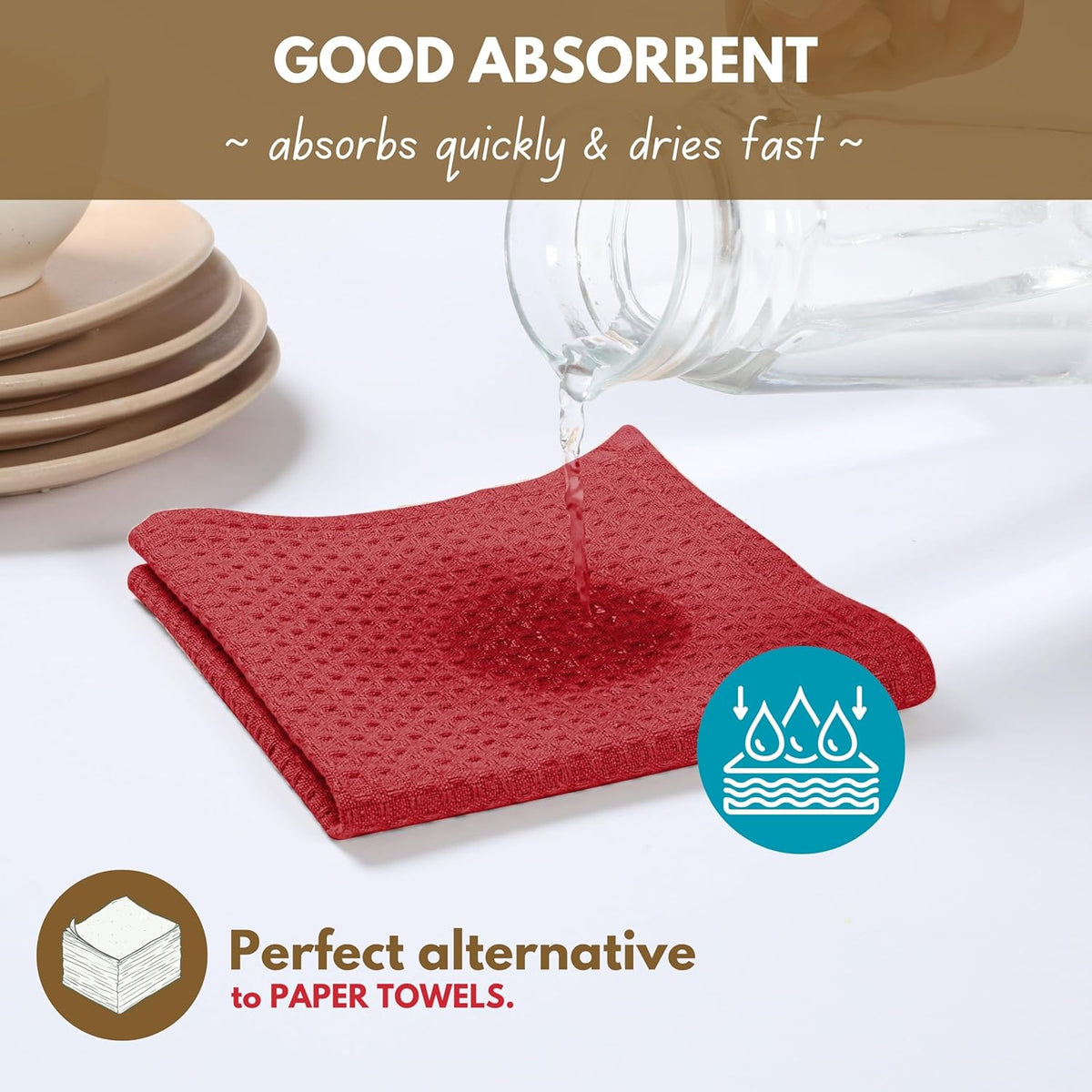 Native Fab Waffle 18 Pack Dish Cloths - 100% Cotton, 12"x12", Absorbent, Quick Drying, Washable Towels for Cleaning, Cooking & Baking