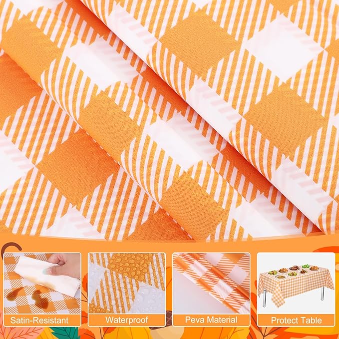 NatNarr 6 Pack Orange Gingham Tablecloth, 54 X 108Inch Plastic Orange Checkered Table Cloth Disposable Scalloped Tablecloths Waterproof Plaid Table Cover for Picnic Wedding Birthday Outdoors Party
