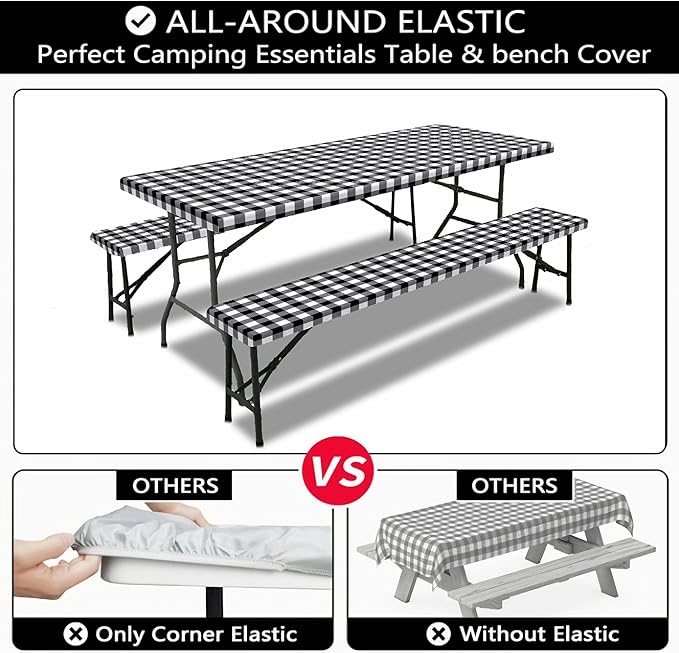 Picnic Table Cover with Bench Covers, Black and White Checkered Waterproof and Windproof, Fitted Tablecloth Cover with Elastic Edge, for Outdoor, Garden, Camping, 3 Pieces Set, 30x60 Inch
