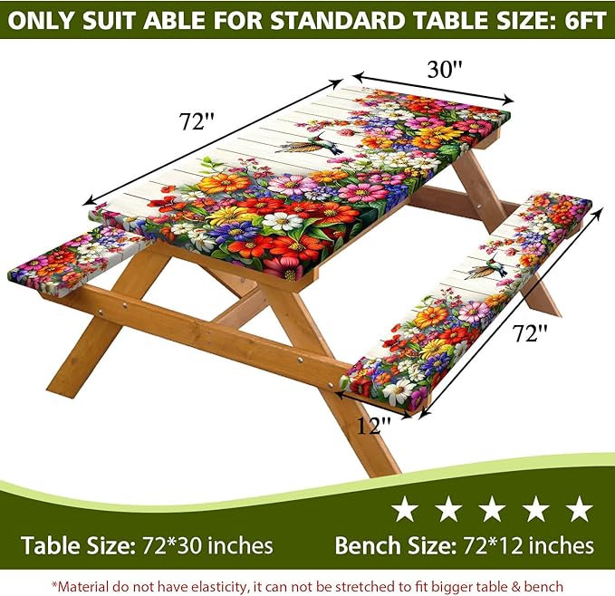 Floral Picnic Table Cover with Bench Covers, Camping Bird Flower Wooden Spring Essentials Waterproof Windproof Camping Tablecloth with Drawstring Bag, Fitted Rectangle Tables and Seats, 60in
