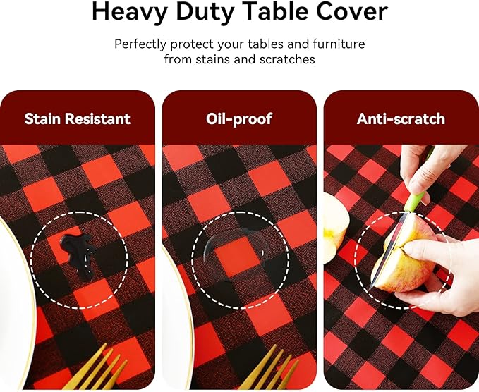 Romanstile Rectangle Vinyl Tablecloth, 100% Waterproof Buffalo Gingham Plastic Table Cloth, Heavy Duty Wipeable Checkered Table Covers for Outdoor, Camping, Picnic, Patio - 54 x 108, Black and Red