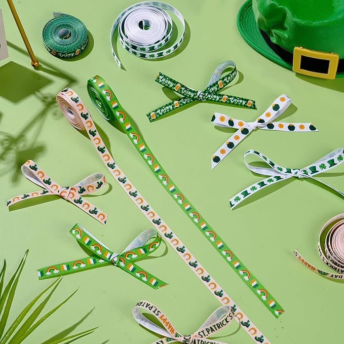 6 Roll Saint Patrick's Decor Ribbons, 3/8 Inch x 30 Yard Green Hat Clover Grosgrain Ribbon, Coin St. Patrick's Day Craft Ribbon for Gifts Wrapping Wreath DIY Bows Making Party Decoration