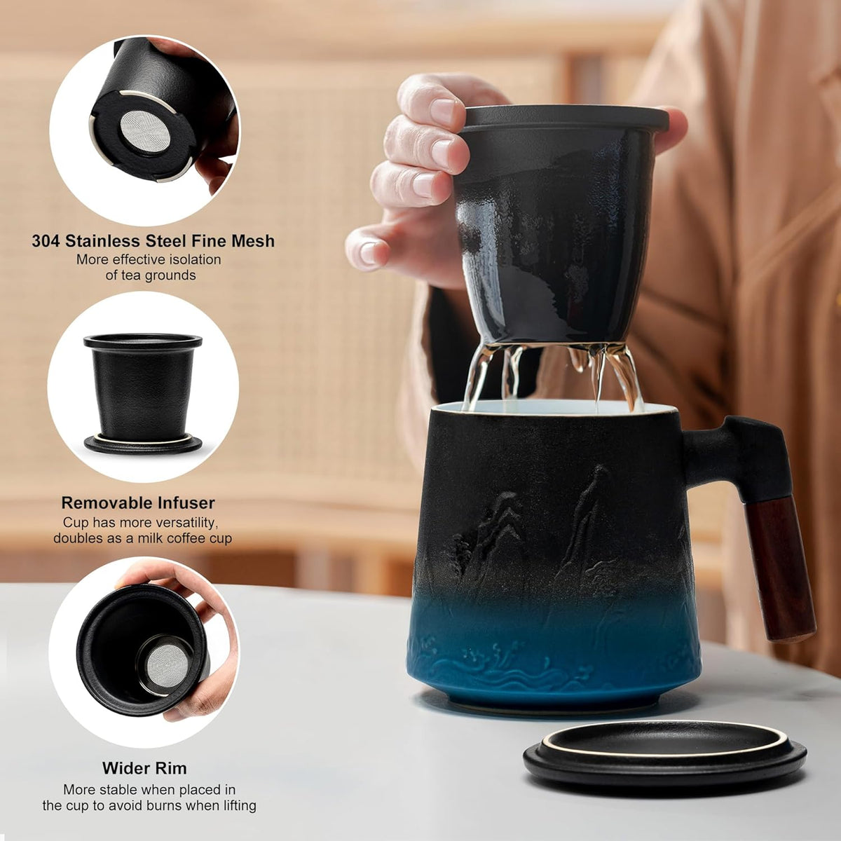 suyika Ceramic Tea Cup with Infuser and Lid, Gradient Embossed Large Tea Mug Wooden Handle for Steeping Loose Leaf, Tea Lover Gifts 15.2 oz / 450 ml