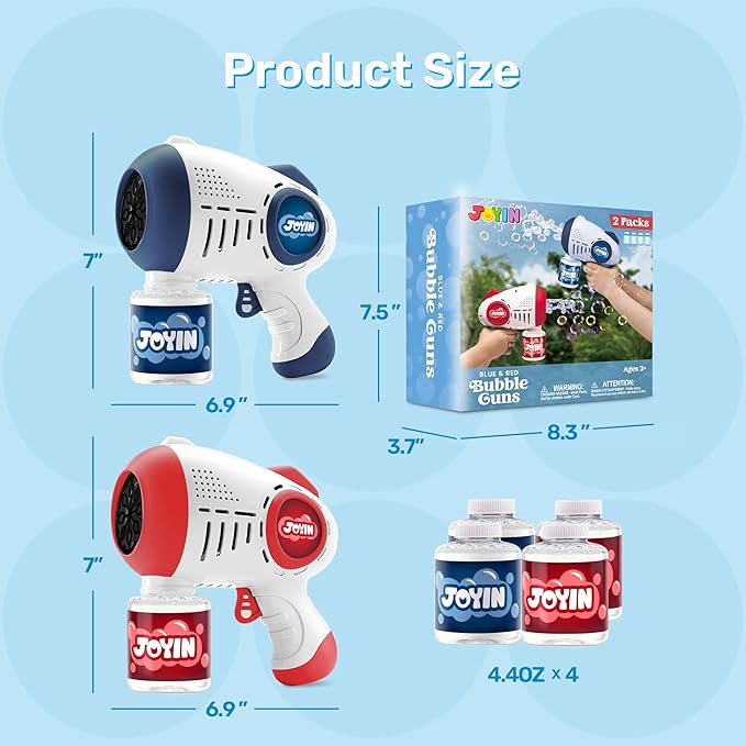 JOYIN 2 Kids Bubble Guns with 4 Bottles Solution, Automatic Bubble Machine Gun with 8 Holes for Kids, Adults, Summer Toys, Easter Basket Stuffers, Birthday Gift, Party Favors-Blue,Red