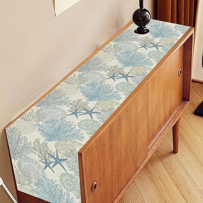 Nautical Table Runner, Summer Coastal Starfish Seashells Coral Tropical Ocean Beach Blue Farmhouse Coffee Table Center Decor for Home Kitchen Dining Patio Indoor Outdoor Table Decorations, 13"x36"