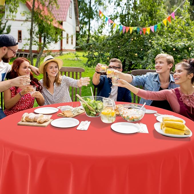 Ragnhild 16 Pack Red Plastic Tablecloth for Round Tables, Premium Decorative Red Disposable Table Cloths for Parties, Bulk Round Party Table Cover for Birthday Wedding Anniversary Graduation, 84 Inch