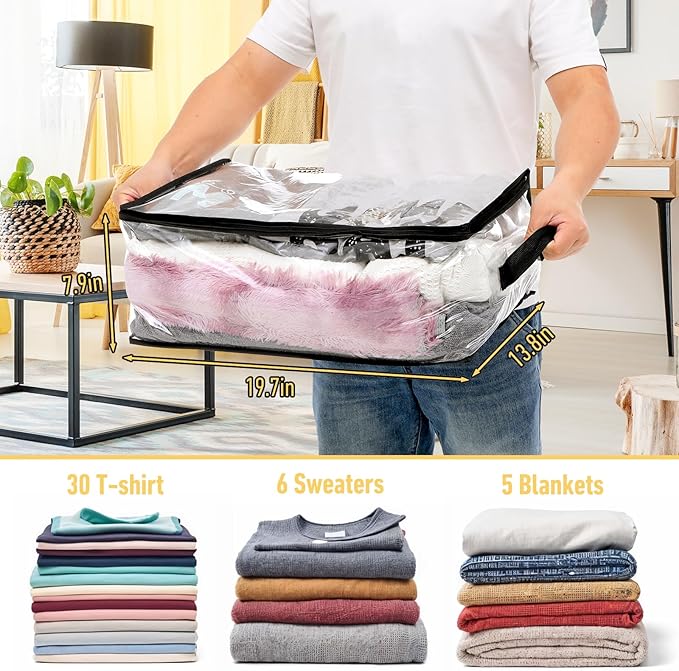 6Pcs Clear Blanket Storage Bags with Zipper, Plastic Storage Bags for Closet Clothes Comforter Toys Sweaters Bedding, Bed Sheet Organizers (35L, 9.5 Gallons)