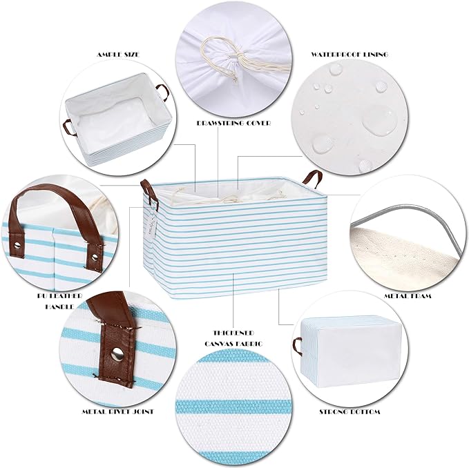 Hinwo 70L Extra Large Storage Bins, Closet Organizers and Storage, Foldable Clothes Storage Baskets with Handles, Containers for Clothing, Blanket, Comforters, Toys, Bedding (Aqua Stripe)