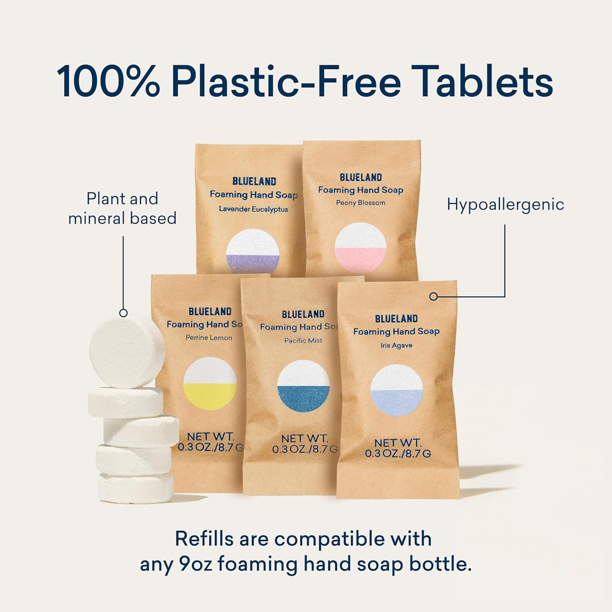 BLUELAND Foaming Hand Soap Refill Tablets, 10-Pack, Lavender Eucalyptus Scent, Eco Friendly Cleaning Products, 10 x 9 Fl oz