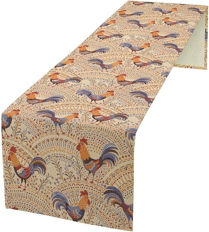 Cute Roosters Table Runner, Boho Rustic Cock Chicken Vintage Arch Floral Plants Print Table Cover for Holiday Kitchen Dining Table Indoor Outdoor Home Party Decor, 13x90inch