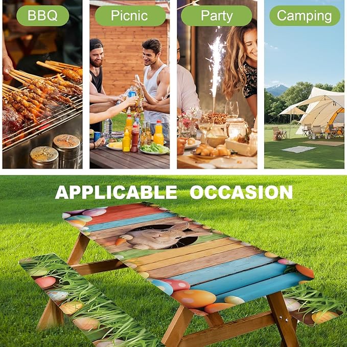 ANNA QUEEN 6FT Easter Bunny Picnic Table Cover with Bench Covers Picnic Table Cover Set 3PCS 72"x30", Outdoor Bench and Tablecloth Furniture Protection