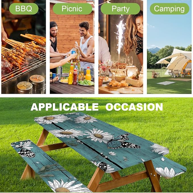 ANNA QUEEN 6FT Blue Daisies Picnic Table Cover with Bench Covers Spring Picnic Table Cover Set 3PCS 72"x30", Waterproof Outdoor Bench and Tablecloth Furniture Protection for Camping Beach BBQ Patio
