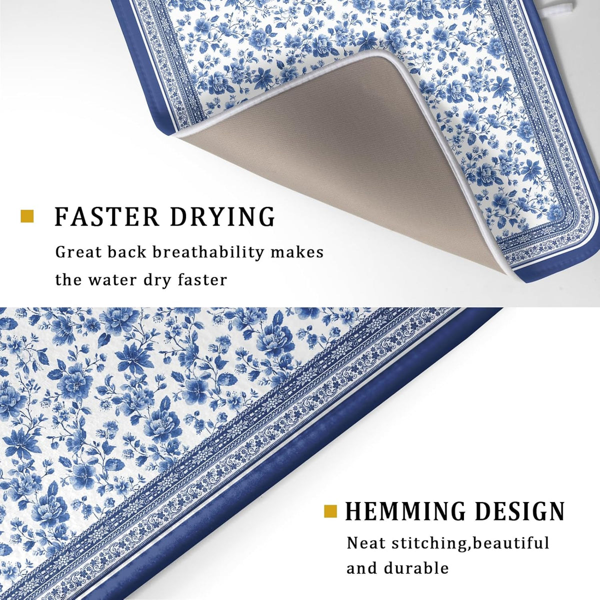 Blue Floral Branches Dish Drying Mat for Kitchen Counter Chinoiserie Pattern Dish Drying Pad 16”x18”Absorbent Vintage Flowers Decor Dishes Drainer