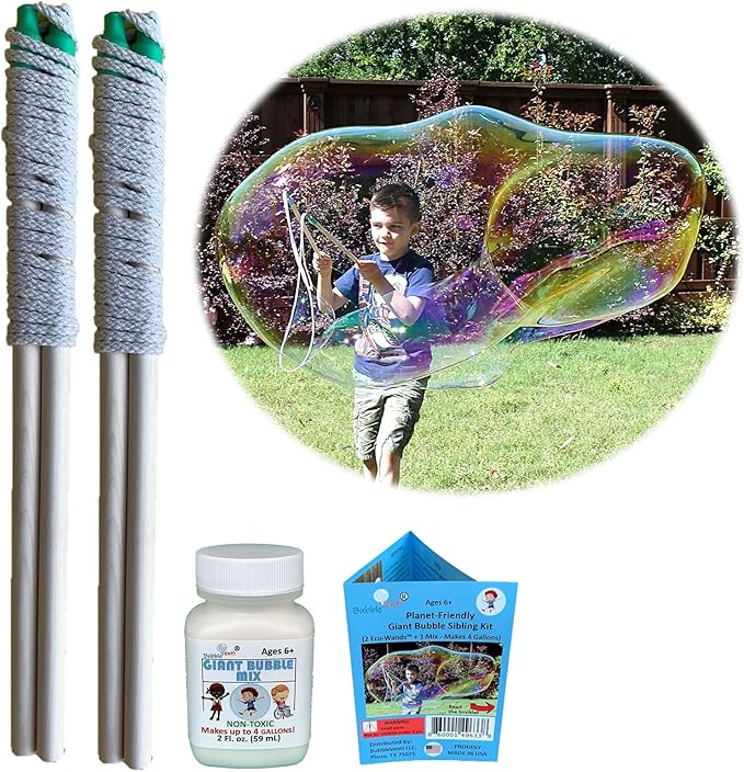 Bubbleventi Giant Bubble Kit | Made in USA | Includes 2 Wooden Wands, a Tips and Tricks Booklet, and 1 Bubble Mix - Makes 4 Gallons of Big Bubble Solution |Use at Birthdays and Family Fun