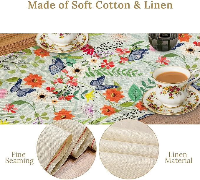 Butterfly Table Runner, Colorful Wildflower Butterfly Spring Table Runner for Holiday Kitchen Dining Home Party Outdoor 13x36in