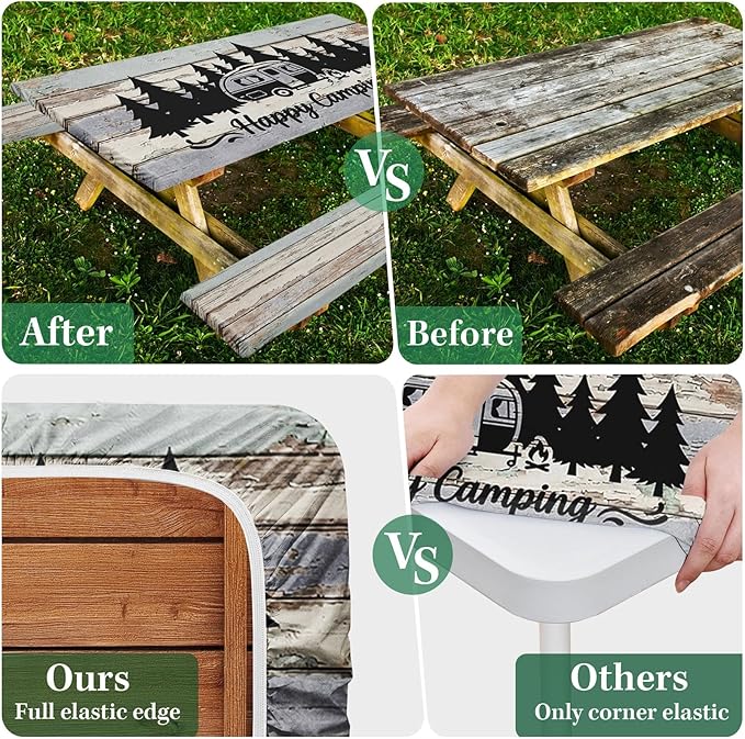 Picnic Table Cover with Bench Covers Elastic Edges, Wood Camper Fitted Table Cover, Outdoor Camping Essentials 72 Inch 3PCS, Waterproof Camping Fitted Tablecloth with Drawstring Bag