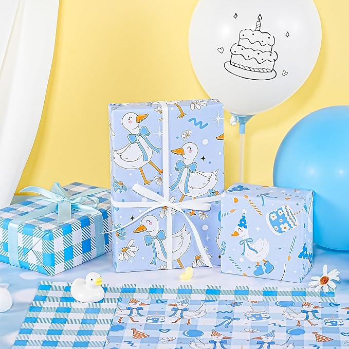 WRAPAHOLIC Silly Gooses Birthday Wrapping Paper Sheet - 8 Sheets Blue Party Goose Wrapping Paper Folded Flat for Boys Birthday, Baby Shower - 19.7 Inch x 27.5 Inch Per Sheet