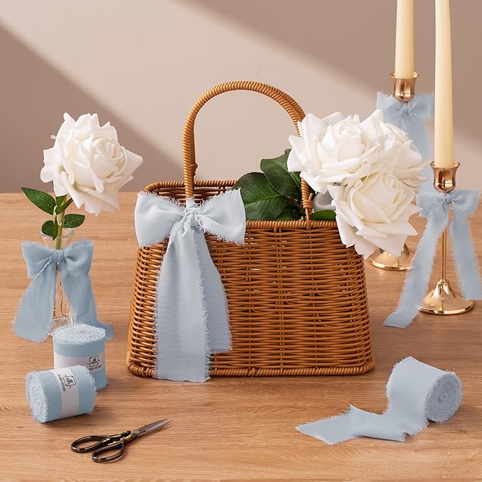 DORIS HOME Dusty Blue Chiffon Ribbon for Flower Bouquet, 2" x21Yd Fabric Ribbon for Gift Wrapping, Handmade Frayed Ribbon for Wedding, Chiffon Silk Ribbon for Christmas Decorations
