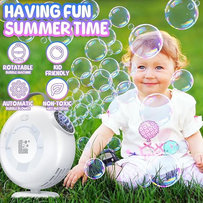 Bubble Machine, Automatic Bubble Blower for Kids Toddlers, 8000+ Bubbles Per Minute, 90° 200° Oscillating Electric Plug-in or Batteries Bubble Maker Toys for Outdoor Birthday Party - Light White