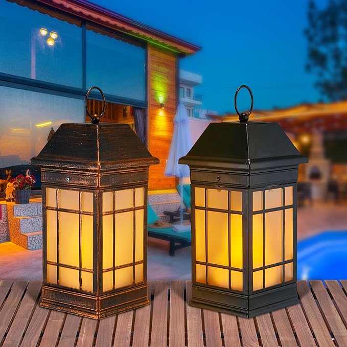 15.5" Solar Lantern Outdoor Waterproof, Glass Flickering Flame Solar Lanterns, Hanging Metal Lantern Decorative for Patio Front Porch Garden Backyard Tabletop Mothers Day Gifts Mom