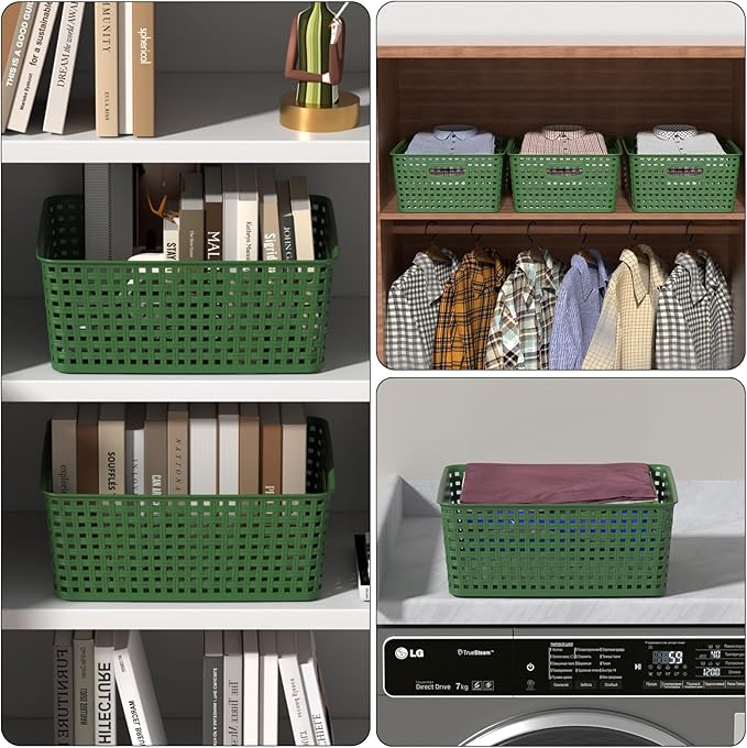 4-Pack Plastic Desktop Storage Baskets, Green Weave Basket Organizer for Cabinet, Pantry, Shelves, Closet