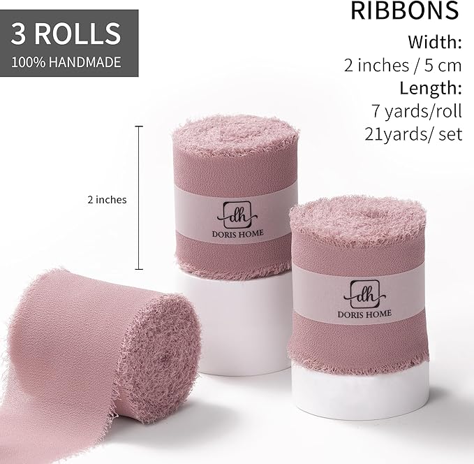 DORIS HOME Mauve Chiffon Ribbon for Flower Bouquet, 2" x21Yd Fabric Ribbon for Gift Wrapping, Handmade Frayed Ribbon for Wedding/Christmas Decorations