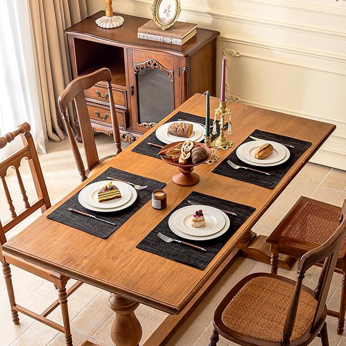 KXN Placemats Set of 8, Dual-Layer Thickened Faux Linen Table Mats, Heat Resistant & Wrinkle-Free, Machine Washable Cloth Place Mats for Kitchen Dining Indoor Outdoor (Black)