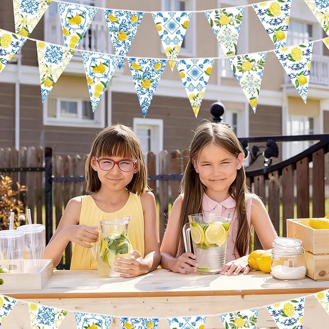 6 Pack Blue Tiles Lemon Party Banner Capri Lemon Pennant Banner Pre-Strung Summer Lemonade Triangle Flag Bunting Garland for Wedding Birthday Bridal Shower Bachelorette Party Decorations