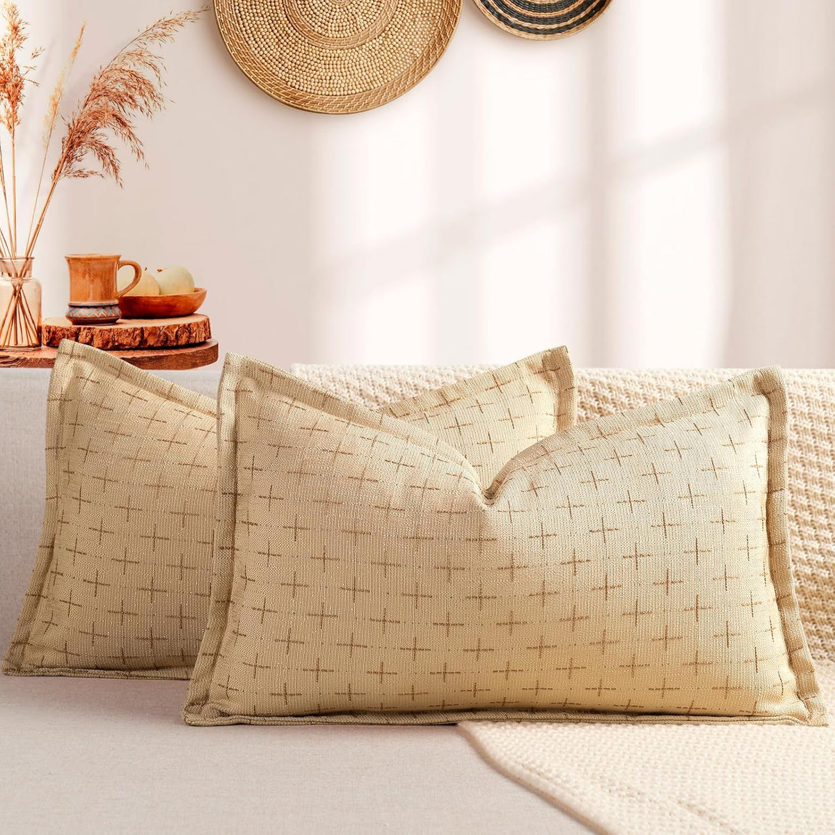 ZWJD 12x20 Pillow Covers Set of 2 Soft Polyester Textured Pillow Covers with Stylish Flange Edge Cozy Farmhouse Throw Pillows for Couch Bed Sofa Living Room
