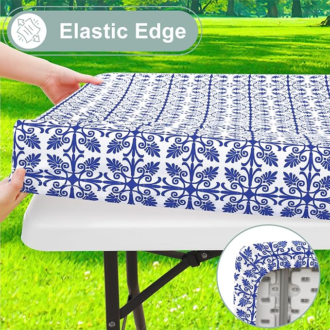 misaya Picnic Table Cover with Bench Cover, Waterproof Elastic Fitted Tablecloth for 5 Foot Tables, Rectangle Washable Polyester Tablecloths for Picnic, Camping, Outdoor (Blue, 30" x 60")