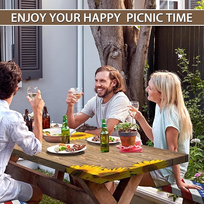 Picnic Table Cover with Bench Covers 6FT Sunflower Waterproof Fitted Picnic Table Cloths Wood Texture Outdoor Elastic Picnic Tablecloth Outdoor Camping Essentials(3pcs-72")