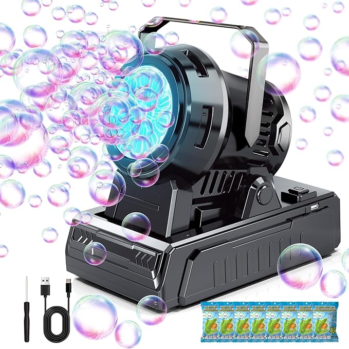Bubble Machine – 10-Hole Automatic Bubble Blower, 20000+ Bubbles Per Minute, Plug-in or Battery Operated, Portable for Kids, Outdoor Parties, Weddings & Birthdays
