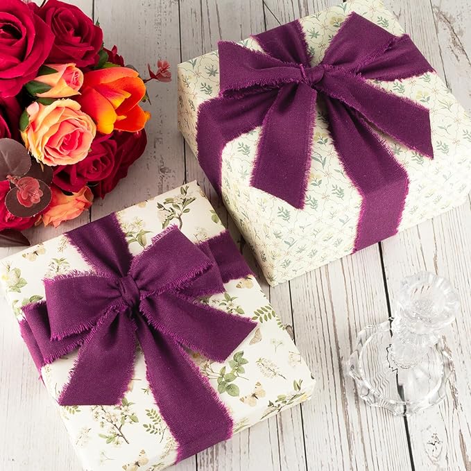 Grape Wine Cotton Ribbon 1-1/2 Inch Grape Wine 3 Rolls 21 Yards Frayed Edge Fabric Set for Wedding Decor, Anniversary Celebration, Bridal Bouquet Wrap, Gift Wrapping & Fall Wedding