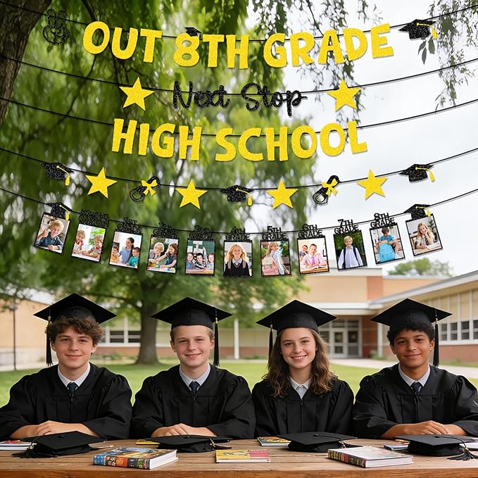 8th Grade Graduation Decorations - 5PCS out 8th Grade Graduation Glitter Banners Photo Banner Decor 2026, Black Gold Middle School Congrats Grad Party Supplies (No-DIY)