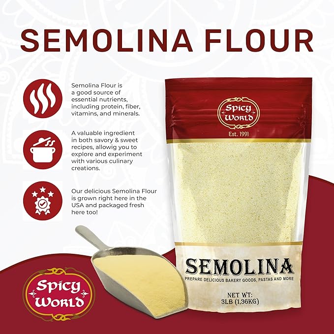 Spicy World Semolina Flour 3 LB (48 Ounce), USA Grown Semolina for Pizza, for Pasta, and Bread Making, Fine Ground