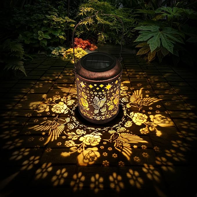 2 Pack Solar Garden Decor Metal Lantern Hummingbird Table Lamp Bronze Outdoor Dercoration Great Gift for Women Mon Grandma Hanging Lights for Patio Courtyard Garden