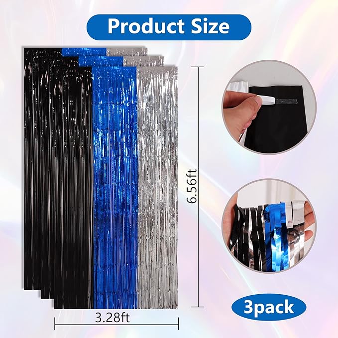 BEISHIDA 3Pcs Black Blue Silver Door Streamer Backdrop Foil Fringe Tinsel Curtains Backdrops for Boy Men Birthday Father's Day Baby Shower Bachelor Party Decoration (3.28 ft x 6.56 ft)