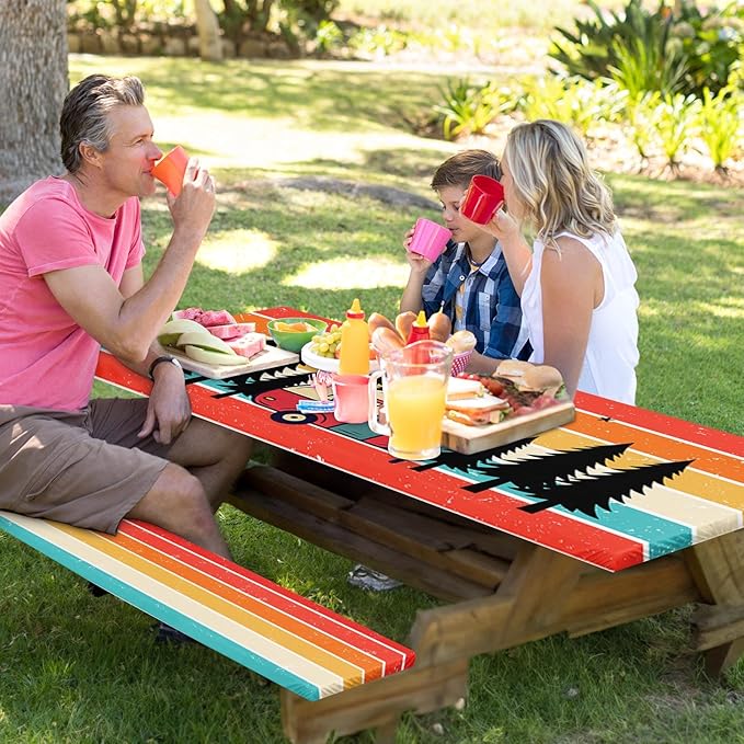 Picnic Table Cover with Bench Covers Elastic Edges, Rainbow Camper Fitted Table Cover, Outdoor Camping Essentials 72 Inch 3PCS, Waterproof Camping Fitted Tablecloth with Drawstring Bag