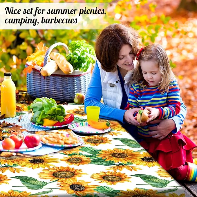 Boao 3 Pcs Vinyl Picnic Table Cover with Bench Cover 6 ft 30 x 72 Inch Waterproof Fitted Tablecloth Flannel Backing Rectangular Elastic Edged for Camping Outdoor Patio Travel(Sunflower)