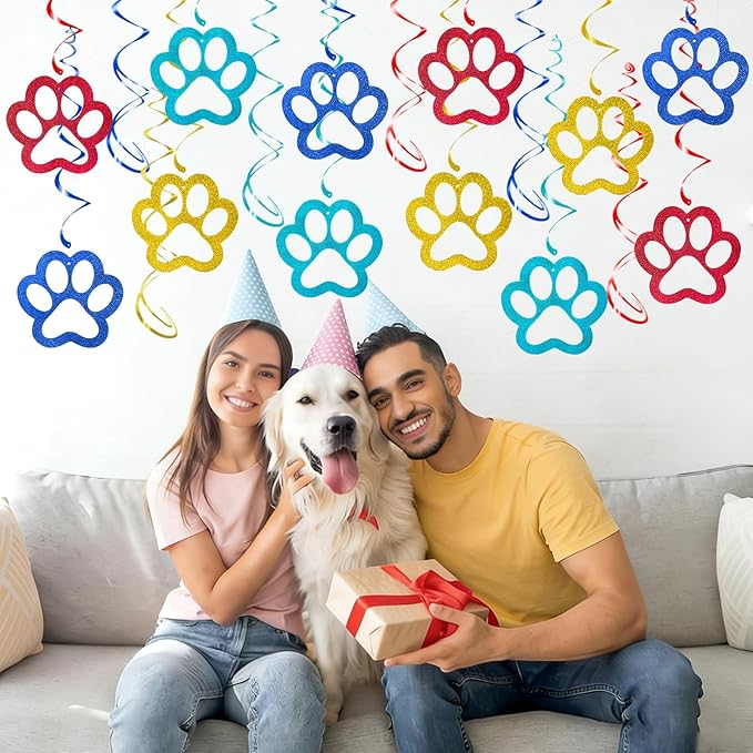 Dog Paw Hanging Swirl Decorations - 30Pcs Puppy Party Decorations Paw Prints Ceiling Streamers for Pet Dog Themed Birthday Party Favors Supplies Décor