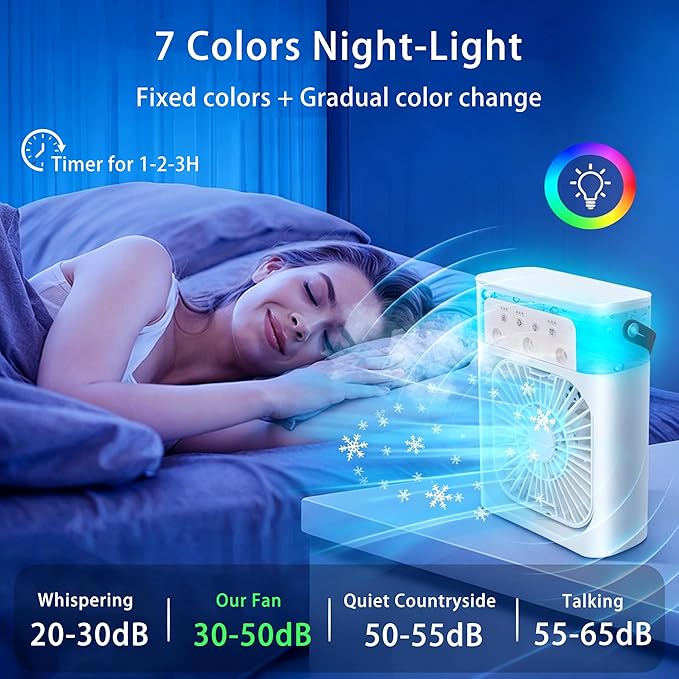 Portable Air Conditioners,2000mAh Rechargeable Mini Air Cooler Fans,500ML Personal Portable AC Unit with 3 Speed, 2 Spray, 7 Color, 3 Timer, Small Desktop Cooling Fan for Bedroom Office (White)
