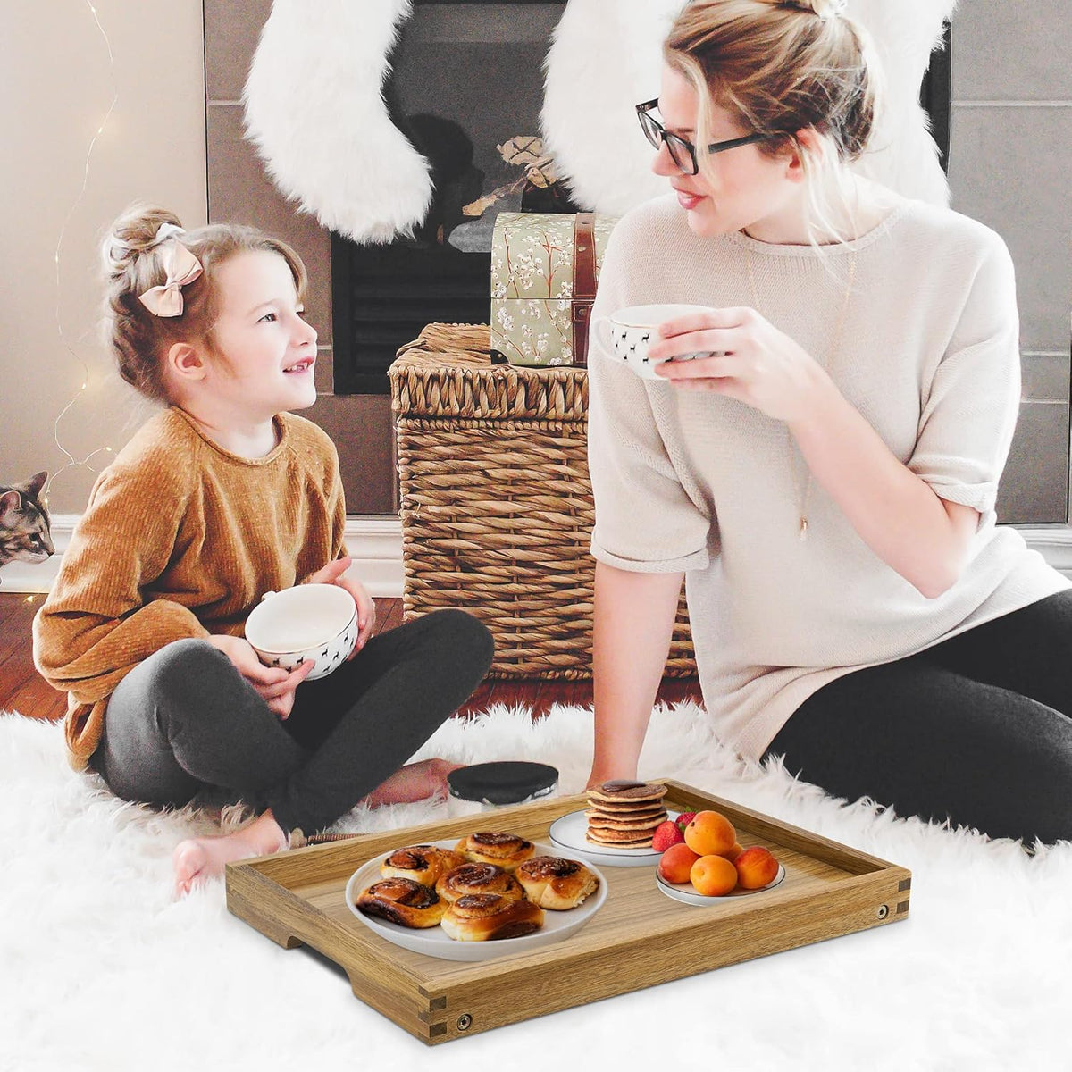 VaeFae Acacia Bed Table Tray, Wooden Breakfast Tray with Folding Legs, Bed Tray for Eating and Laptop, Eating Trays for Bedroom (Large Size)