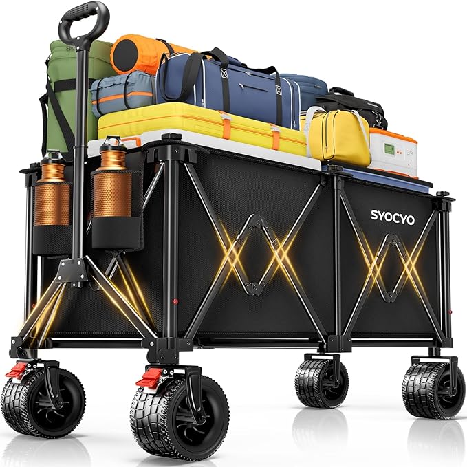 Collapsible Wagon Carts 570LBS Weight Capacity Foldable Beach Wagon with Big All-Terrain Wheels 330L Heavy Duty Utility Carts with Cup Holders for Camping, Garden, Sports, Grocery Black