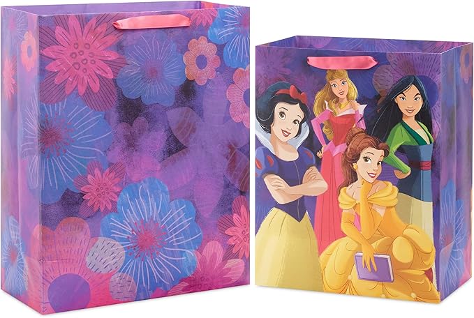 Hallmark Disney Princess Gift Bags (1 Large, 1 Extra Large) Ariel, Tiana, Rapunzel, Moana, Snow White, Belle