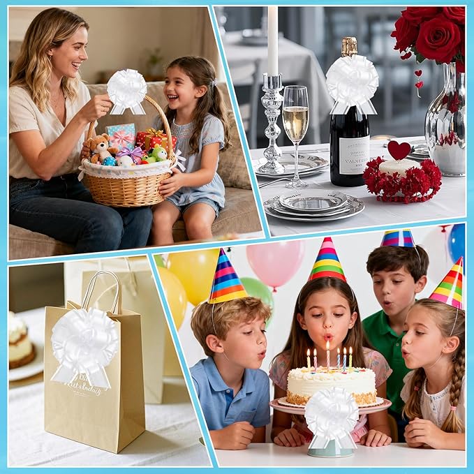 24pcs White Pull Bow for Gift Basket Wrapping Xmas Gift Bows Presents Adhesive Wrap Ribbon Bow for Christmas Tree Ornament Wine Bottles Bouquet Flower Valentine's Day Party Decor (White-G)
