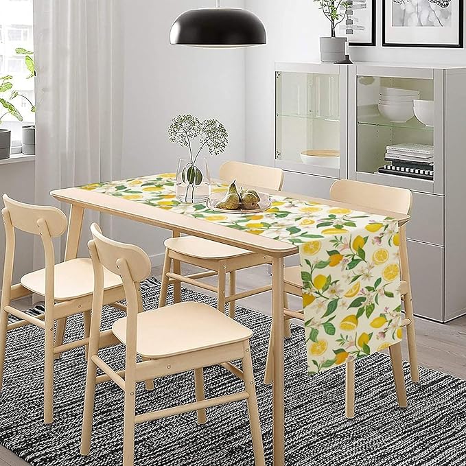 Yellow Lemon Table Runner,Spring Floral Summer Fruits Print Table Decoration for Farmhouse Kitchen Dinner Dining Table Holiday Party Home Decor 13x36in
