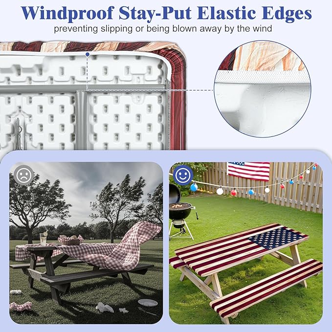 Picnic Table Cover with Bench Covers Windproof Waterproof Picnic Table Covers Camping Tablecloth with Self-Storage Bag, 72in, Vintage Wood Flag