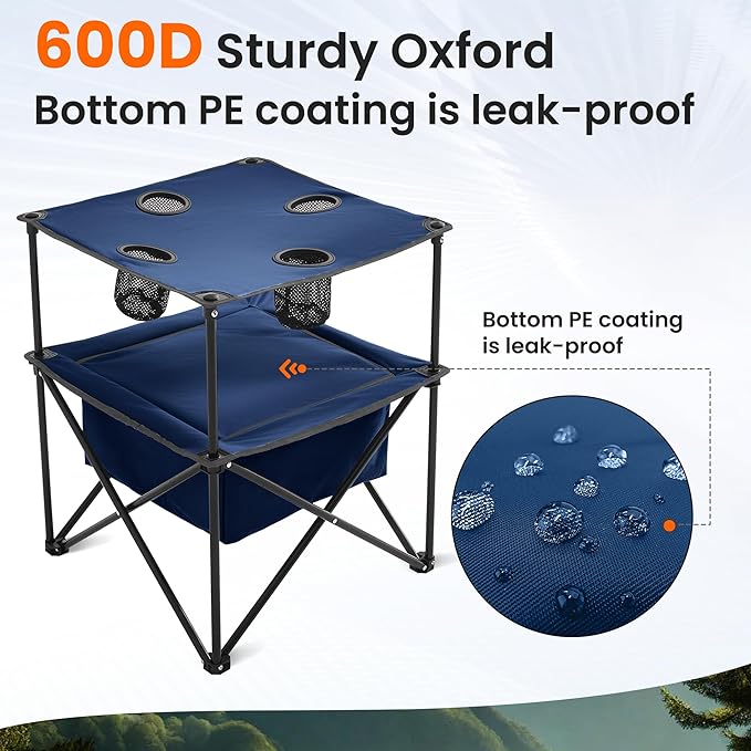 Portable Outdoor Folding Camping Table with 4 Cup Holders & Cooler Compartment, Waterproof Picnic Table for Picnic, BBQ, Beach, Hiking (Dark Blue, 1 PCS)