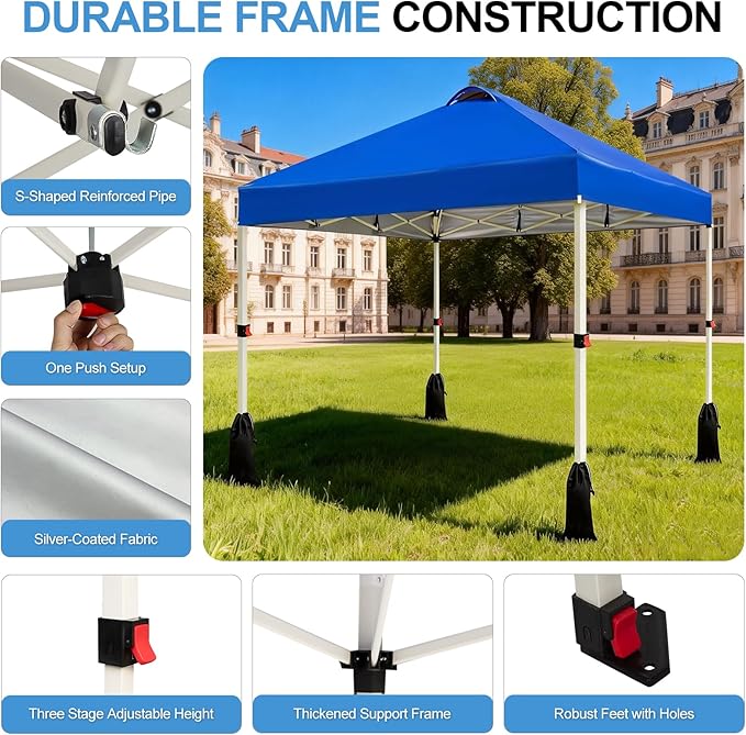 WEIZE 10x10 Pop Up Canopy Tent, 1-Button Push Setup Canopy Tent, Adjustable Height Instant Portable Shelter, Portable Roller Bag, Easy Outdoor Sun Shade for Events, 4 Weight Bags, Blue